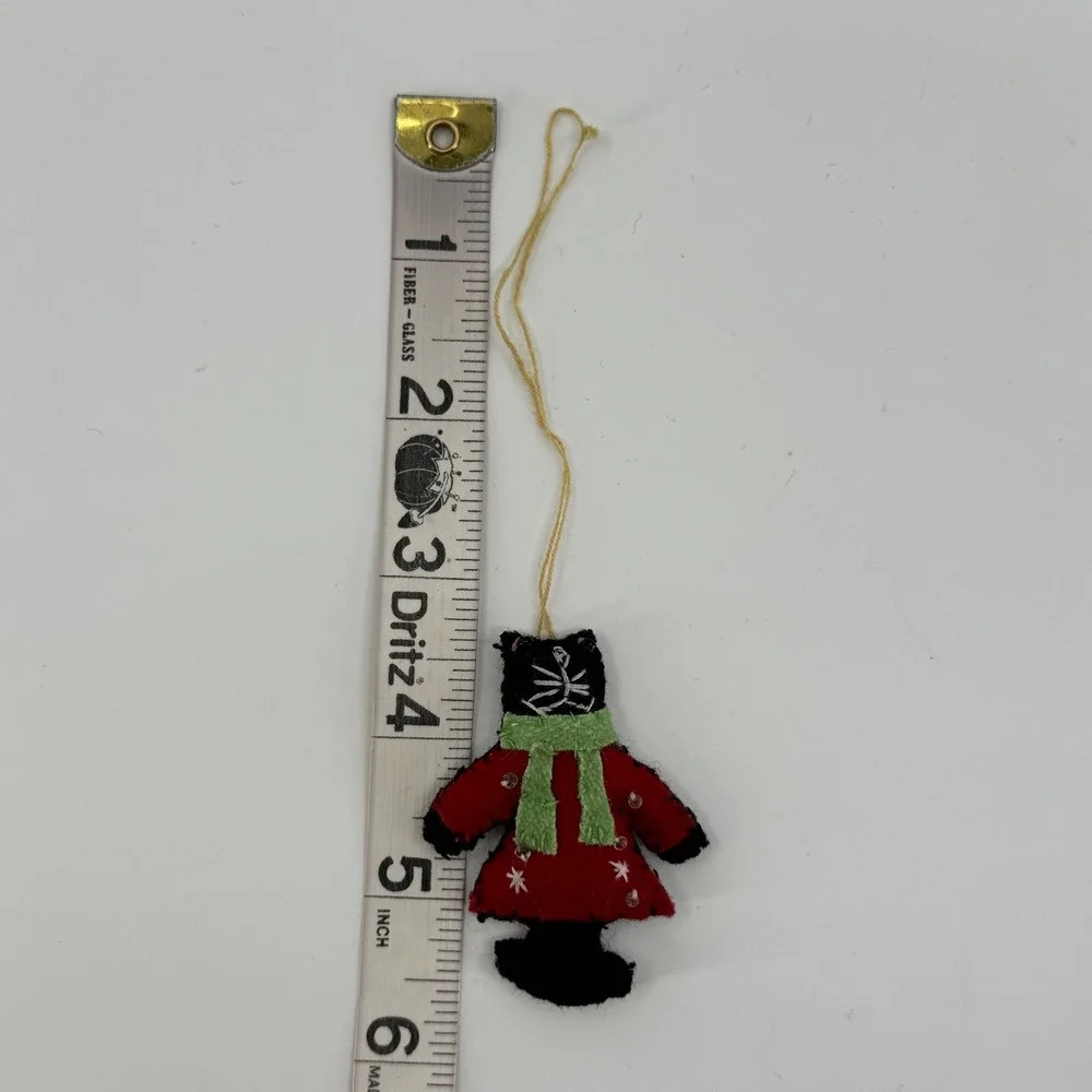Vtg Felt Black Cat Christmas Ornament Folk Art Handcrafted Sequin Holiday Decor